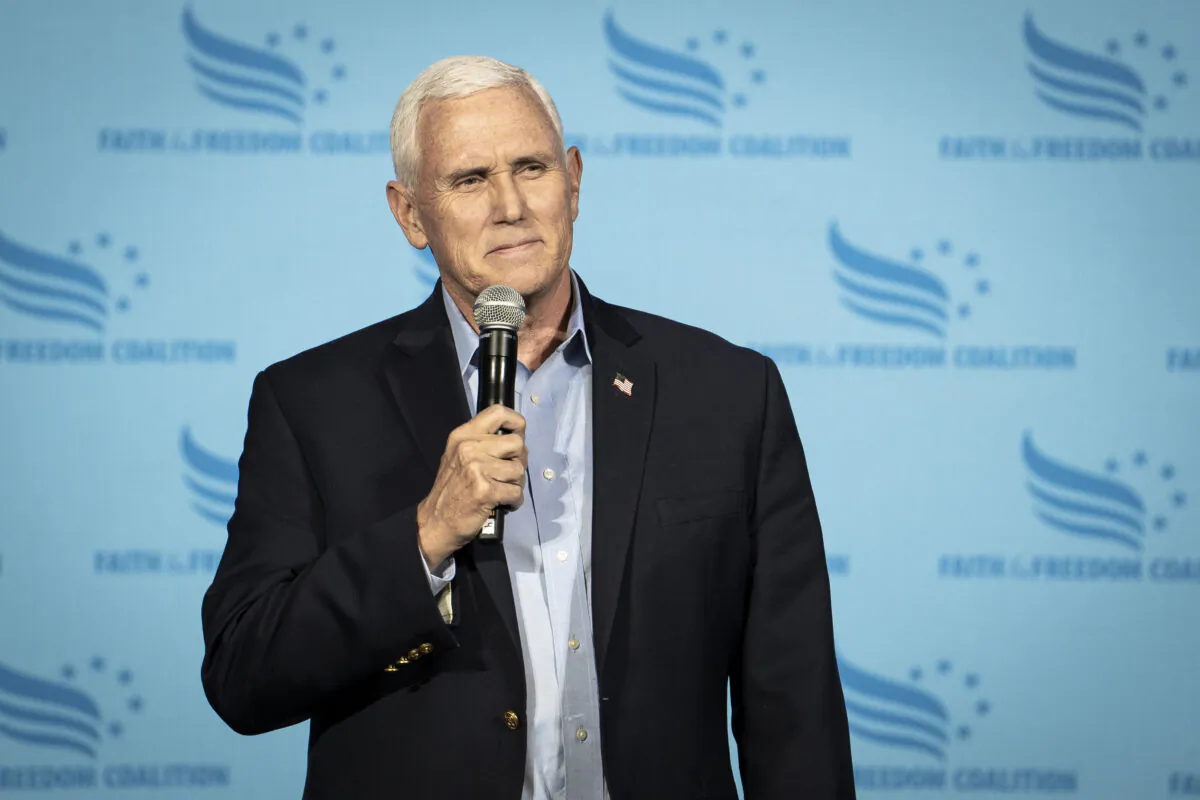 Former Vice President Mike Pence speaks at the Iowa Faith & Freedom Coalition in Clive, Iowa, on April 22, 2023. (Madalina Vasiliu/The Epoch Times)