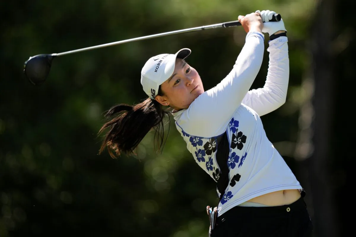 Allisen Corpuz watches her tee shot on the 16th hole during the third round of the Chevron Championship women's golf tournament at The Club at Carlton Woods on in The Woodlands, Texas on April 22, 2023. (David J. Phillip/AP Photo)