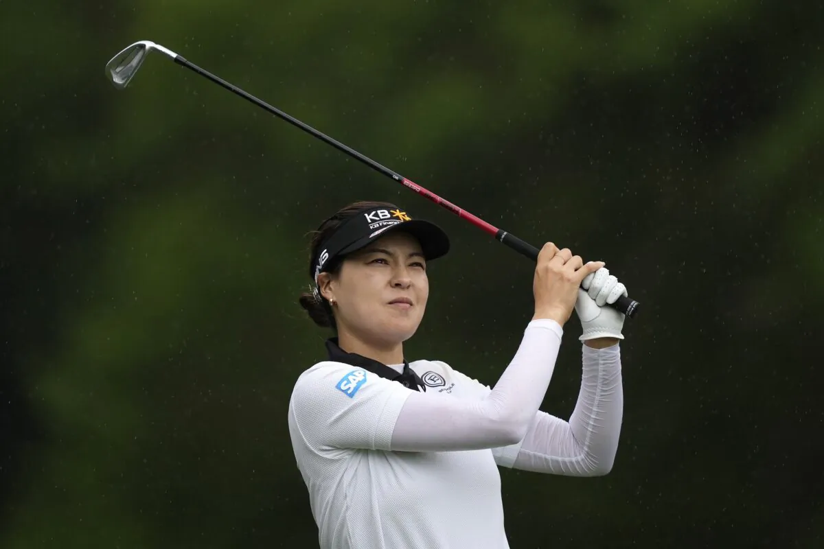 In Gee Chun watches her tee shot on the 17th hole during the first round of The Chevron Championship golf tournament in The Woodlands, Texas, on April 20, 2023. (David J. Phillip/AP Photo)