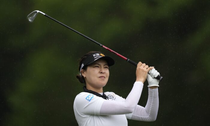 In Gee Chun watches her tee shot on the 17th hole during the first round of The Chevron Championship golf tournament in The Woodlands, Texas, on April 20, 2023. (David J. Phillip/AP Photo)