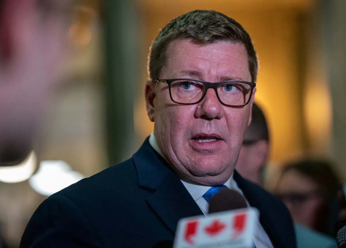 Saskatchewan Premier Scott Moe speaks to the media after the provincial budget is presented, in Regina on March 22, 2023. (The Canadian Press/Heywood Yu)