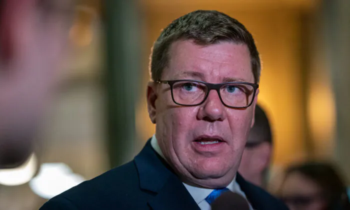Saskatchewan Premier Scott Moe speaks to the media after the provincial budget is presented, in Regina on March 22, 2023. (The Canadian Press/Heywood Yu)