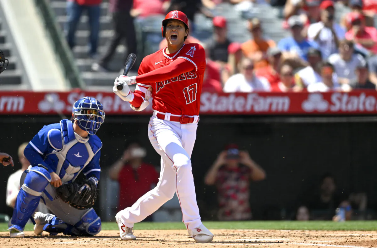 Shohei Ohtani (17) of the Los Angeles Angels yells to the Kansas City Royals dugout after hitting a foul ball in the third inning at Angel Stadium of Anaheim in Anaheim, Calif., on April 23, 2023. (Jayne Kamin-Oncea/Getty Images)