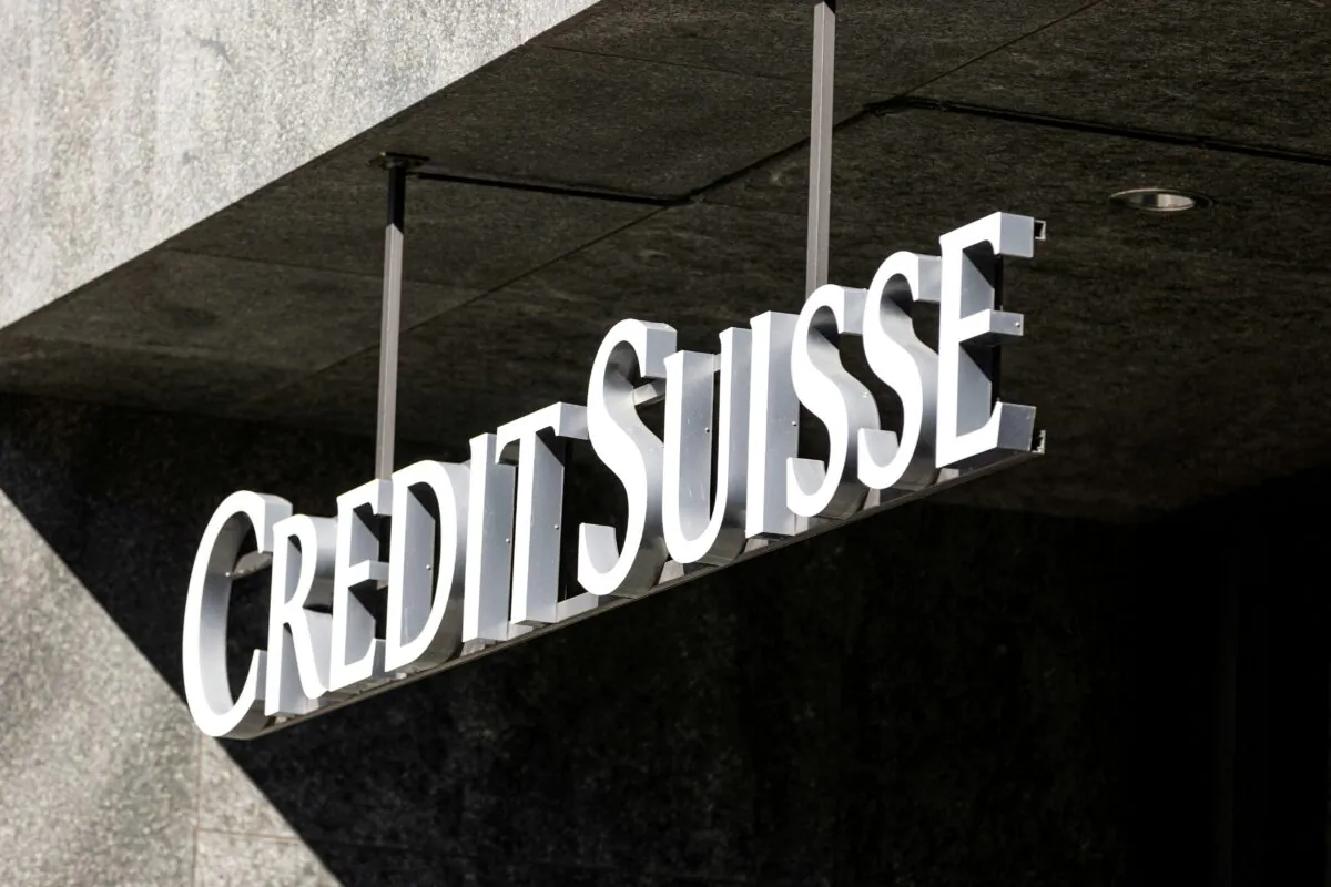 The logo of Credit Suisse on a building near the Hallenstadion in Zurich on April 4, 2023. (Pierre Albouy/Reuters)