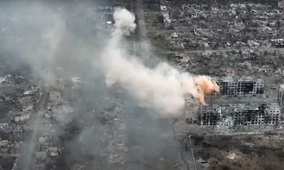 Smoke rising in the front line town of Bakhmut in Donetsk region, Ukraine, on April 22, 2023. (93rd Mechanized Brigade 'Kholodnyi Yar'/Handout via Reuters)