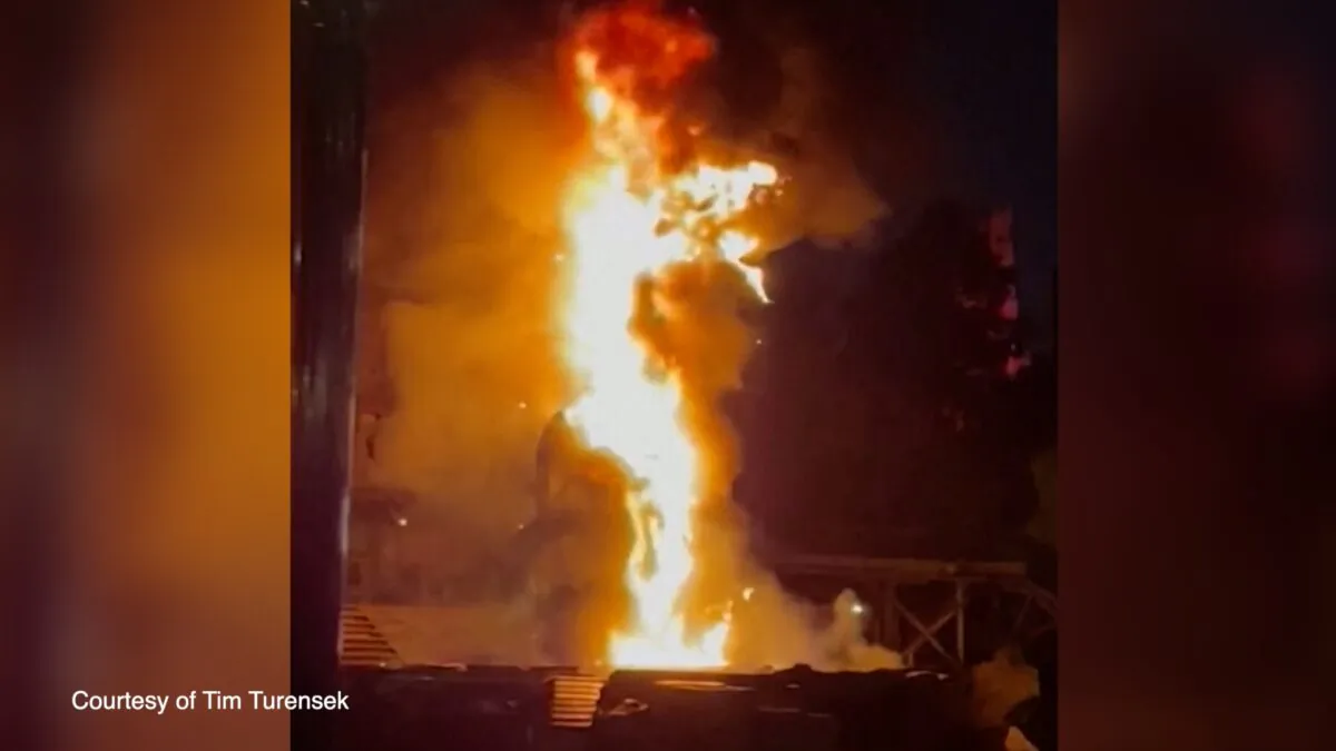 A 45-foot tall Disneyland dragon bursts into flames after catching fire late during a show in Disneyland in Anaheim, Calif., on April 22, 2023, in a still from video. (Tim Turensek via Reuters/Screenshot via NTD)