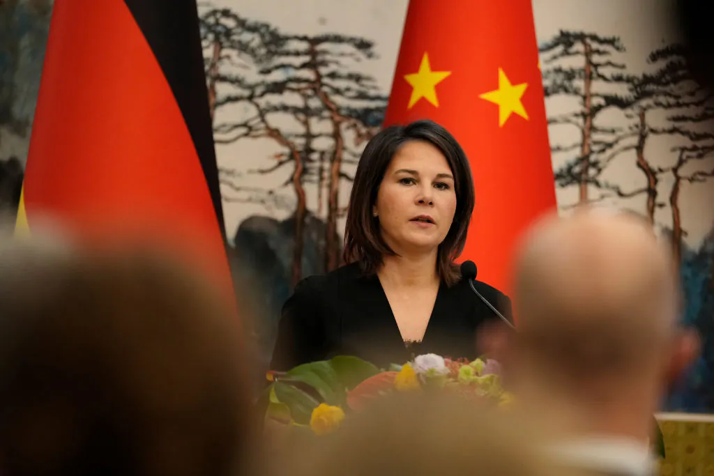German Foreign Minister Annalena Baerbock speaks during a joint press conference with Chinese Foreign Minister Qin Gang (not pictured) at the Diaoyutai State Guesthouse in Beijing, China on April 14, 2023. (Suo Takekuma/ Pool/Getty Images)