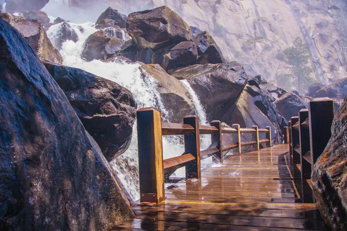 A wooden bridge provides a path over a waterfall in Hetch Hetchy Valley, Yosemite National Park. (Dreamstime/TNS)