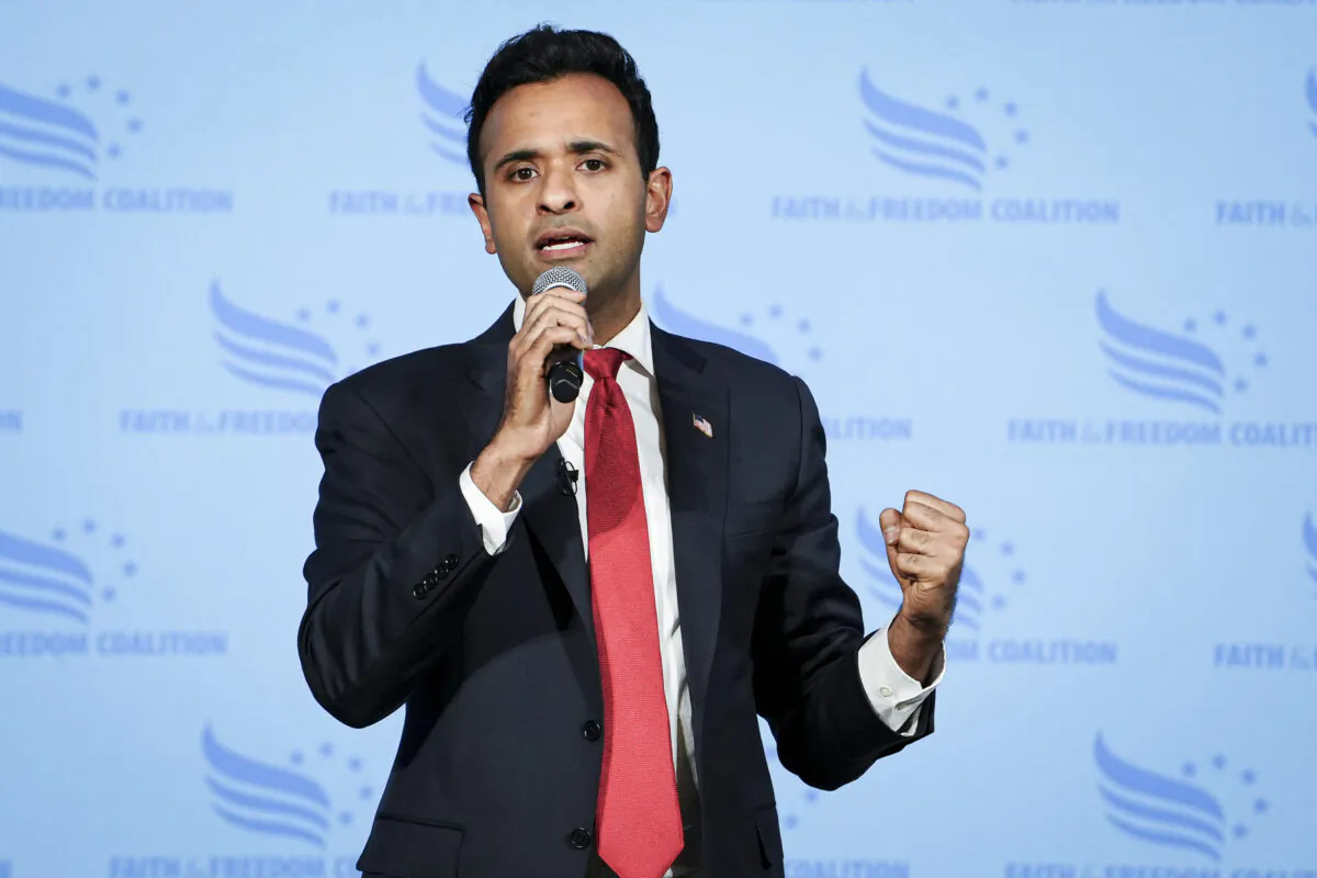 Republican presidential candidate Vivek Ramaswamy speaks at the Iowa Faith & Freedom Coalition in Clive, Iowa, on April 22, 2023. (Madalina Vasiliu/The Epoch Times)