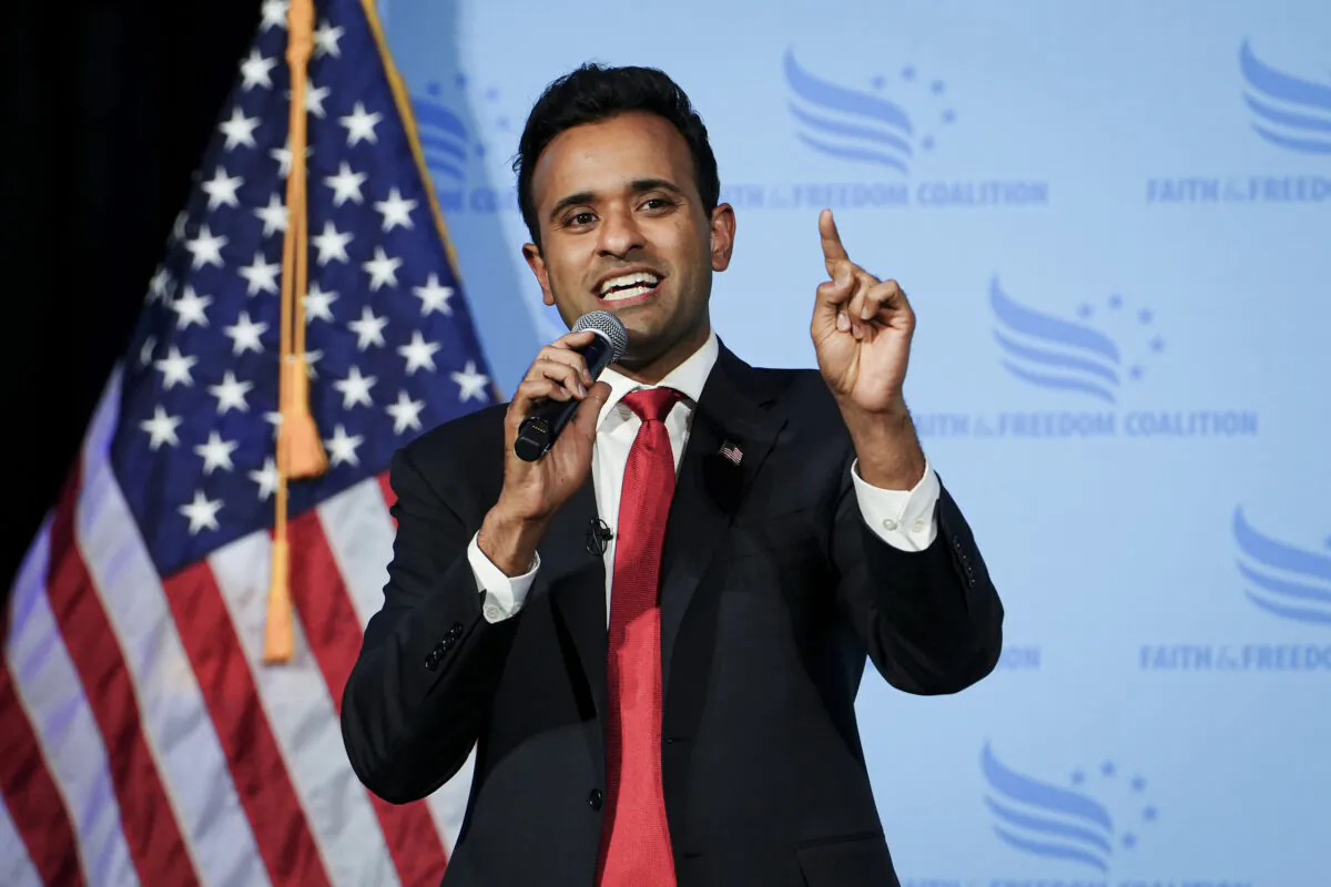 Republican presidential candidate Vivek Ramaswamy speaks at the Iowa Faith & Freedom Coalition in Clive, Iowa, on April 22, 2023. (Madalina Vasiliu/The Epoch Times)