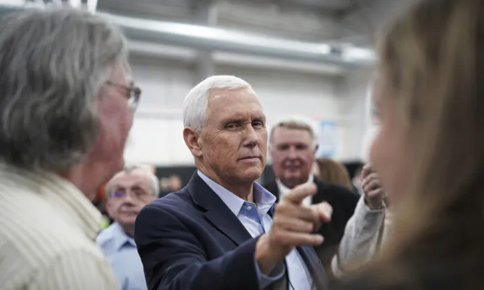 Former Vice President Mike Pence meets with guests at the Iowa Faith & Freedom Coalition in Clive, Iowa, on April 22, 2023. (Madalina Vasiliu/The Epoch Times)