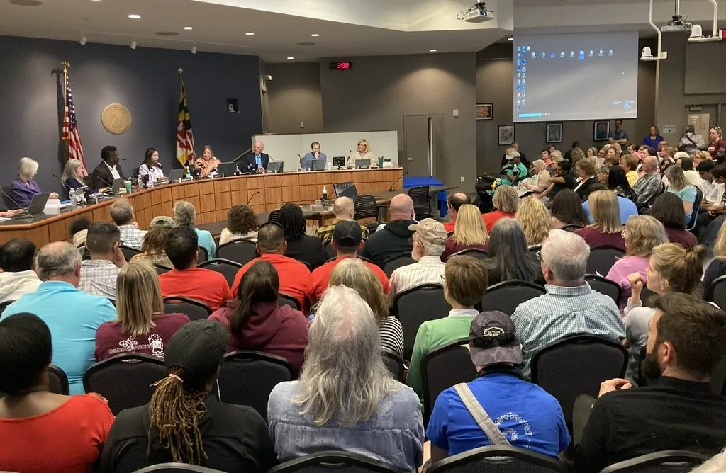 Packed audience at Frederick County Public School System meeting April 19, 2023. photo by Douglas Burton
