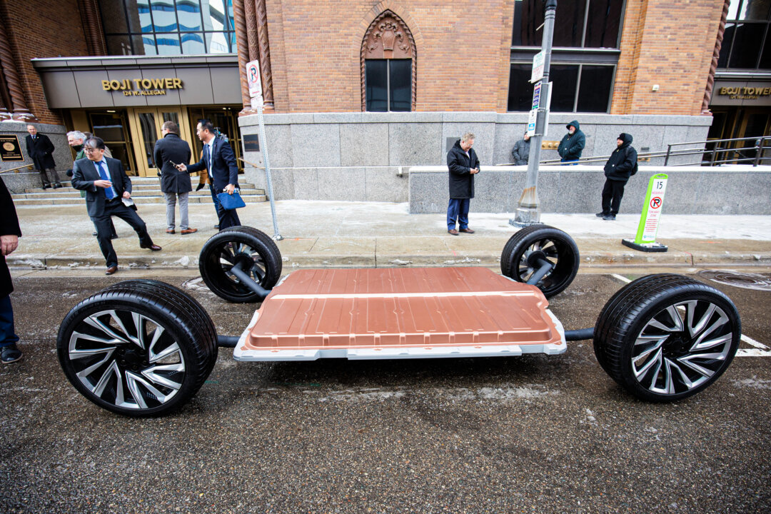 A General Motors Hummer EV chassis sits outside of an event where General Motors CEO Mary Barra announced that GM is making a $7 billion investment, the largest in the company's history, in electric vehicle and battery production in Lansing, Michigan, on Jan. 25, 2022. (Bill Pugliano/Getty Images)