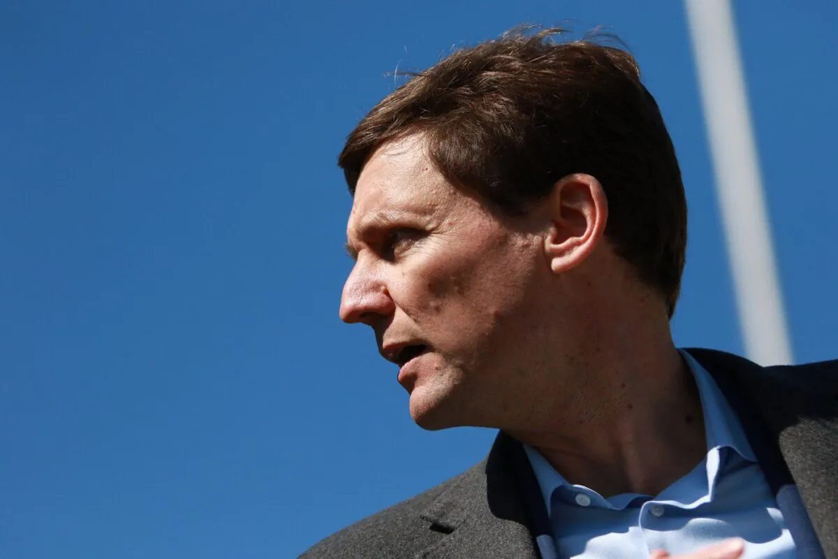 Premier David Eby speaks about violent crime during a press conference in front of the Provincial Court of British Columbia in Nanaimo, B.C., April 12, 2023. (The Canadian Press/Chad Hipolito)