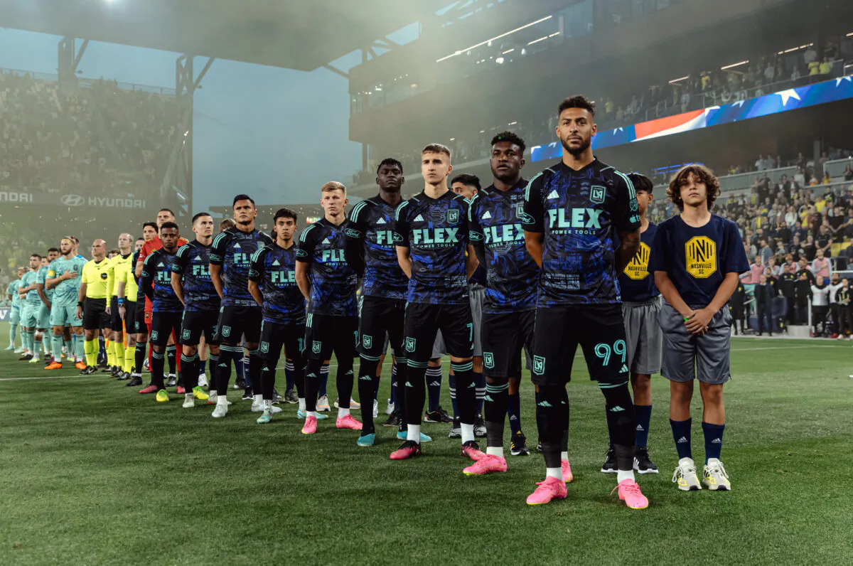 Los Angeles FC forward Denis Bouanga (99) stands in front of team during pre-game line-up against Nashville SC at Geodis Park in Nashville on Apr 22, 2023. (Courtesy of LAFC) 