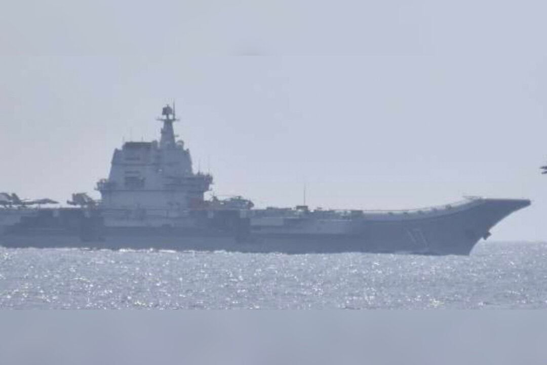 A jet fighter takes off from China's Shandong aircraft carrier, south of Okinawa prefecture, Japan, on April 10, 2023. (Joint Staff Office of the Defense Ministry of Japan/Handout via Reuters)