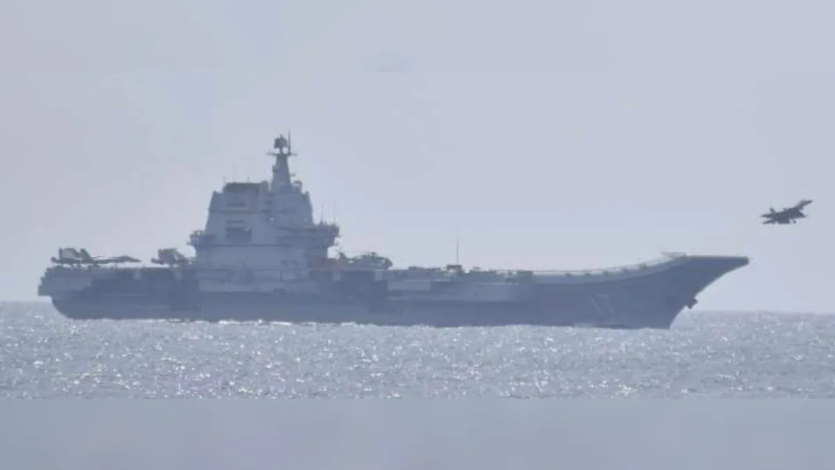 A jet fighter takes off from China's Shandong aircraft carrier, south of Okinawa prefecture, Japan, on April 10, 2023. (Joint Staff Office of the Defense Ministry of Japan/Handout via Reuters)