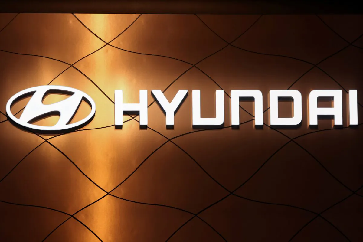 The logo of Hyundai Motor Company at the New York International Auto Show in Manhattan, New York, on April 13, 2022. (Andrew Kelly/Reuters)