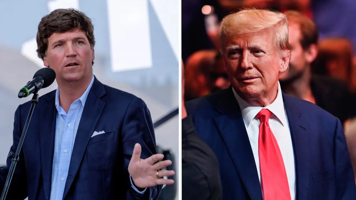 Tucker Carlson (L) speaks during the Mathias Corvinus Collegium (MCC) Feszt in Esztergom, Hungary, on Aug. 7, 2021. (Janos Kummer/Getty Images); Former President Donald Trump (R) attends the Ultimate Fighting Championship (UFC) 287 mixed martial arts event at the Kaseya Center in Miami, Fla., on April 8, 2023. (Chandan Khanna/AFP via Getty Images)