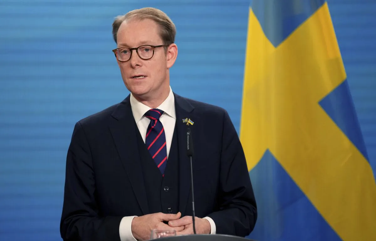 Swedish Foreign Minister Tobias Billstrom addresses the media during a press conference in Berlin on Nov. 10, 2022. (Michael Sohn/AP Photo)