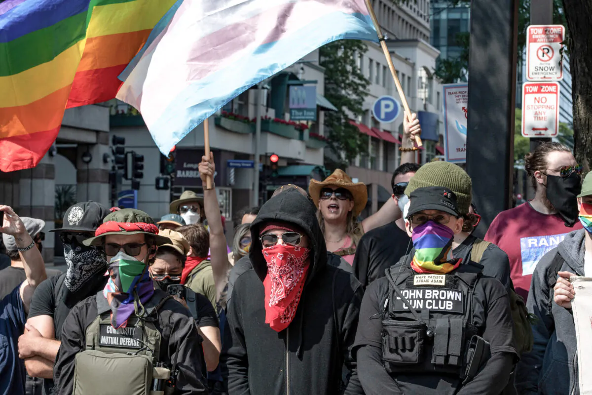 Pro-transgender protesters outside of Boston Children's Hospital in Boston, Massachusetts, on Sept. 18, 2022. (Joseph Prezioso/AFP via Getty Images)