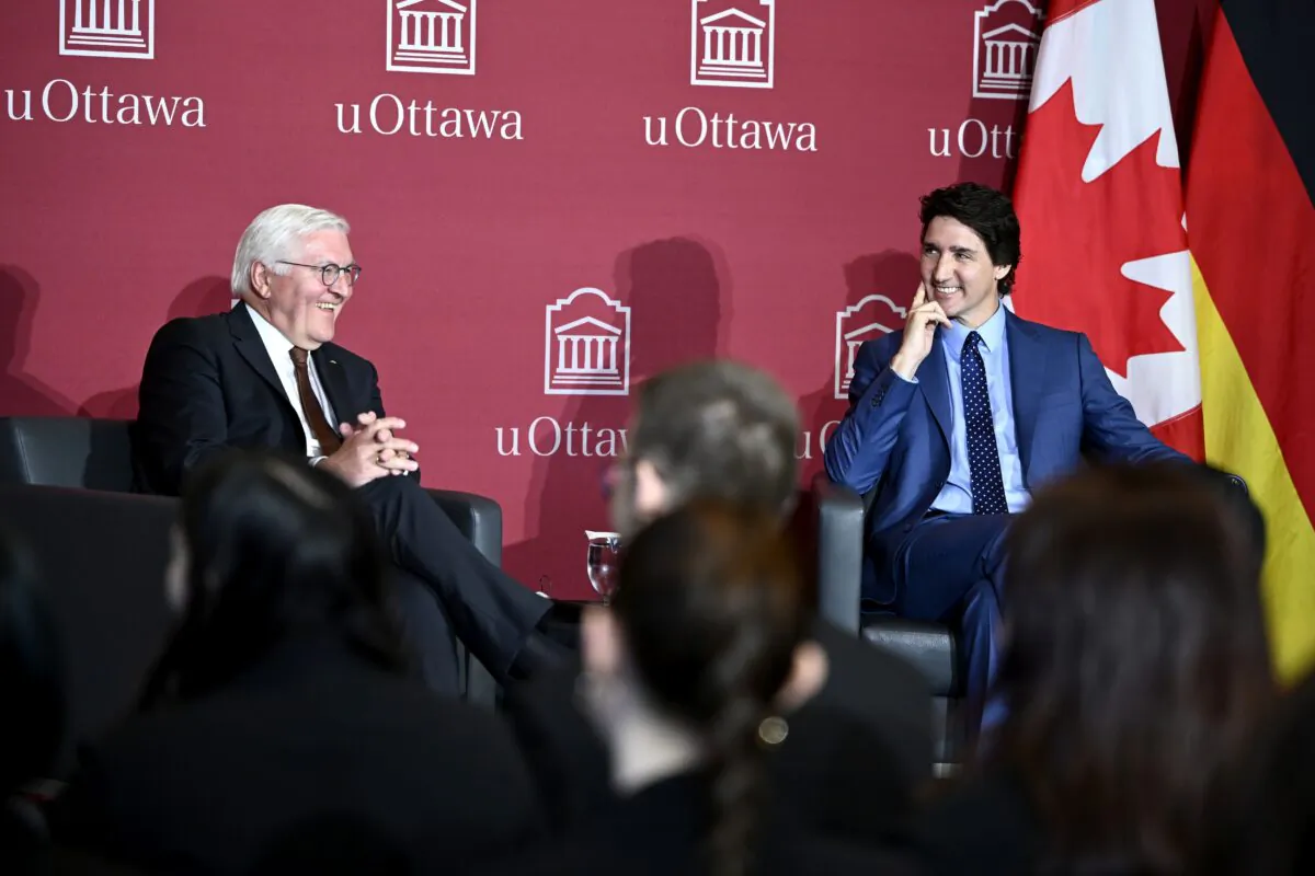 Prime Minister Justin Trudeau and President of the Federal Republic of Germany Frank-Walter Steinmeier participate in a discussion with students at the University of Ottawa on April 24, 2023. (The Canadian Press/Justin Tang)