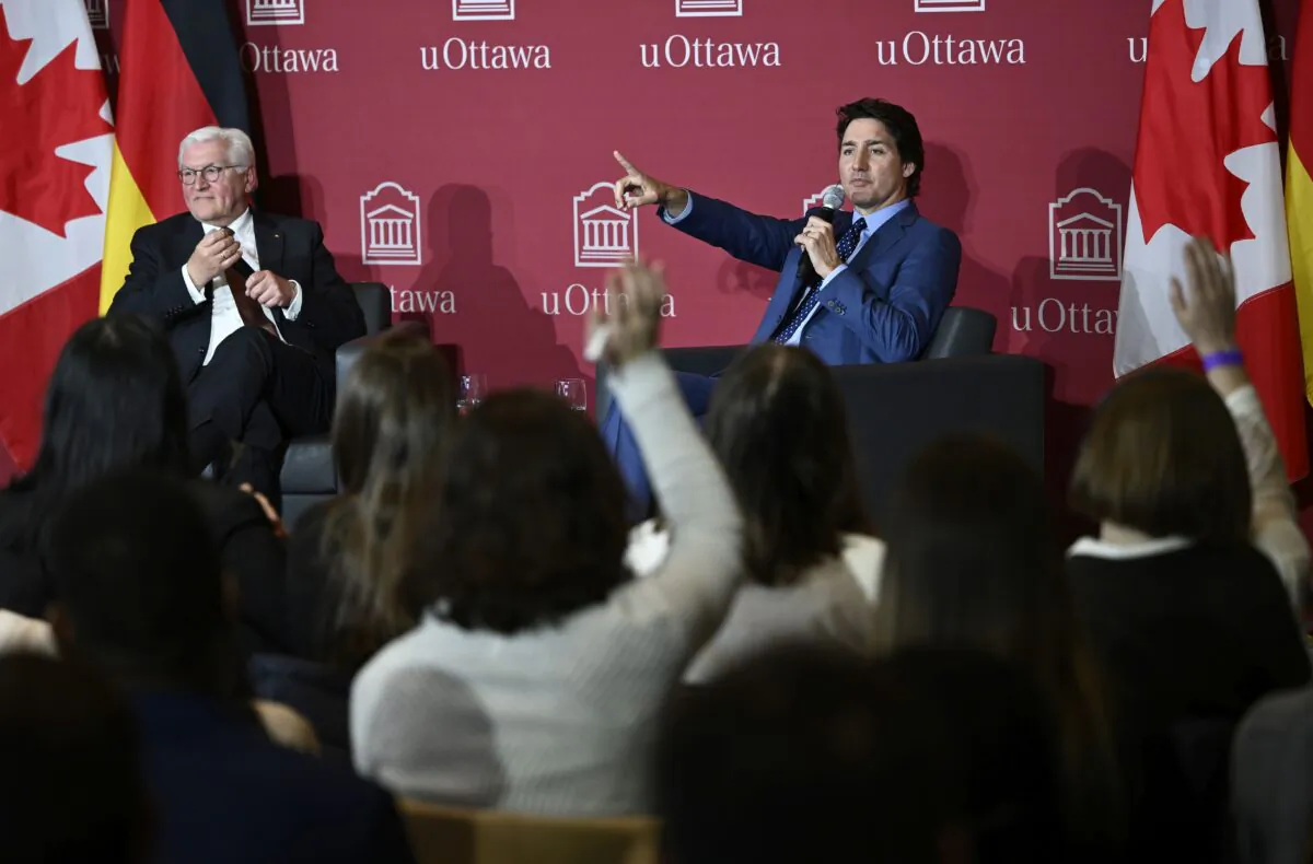 Prime Minister Justin Trudeau takes questions from students during a discussion with President of the Federal Republic of Germany Frank-Walter Steinmeier at the University of Ottawa on April 24, 2023. (The Canadian Press/Justin Tang)
