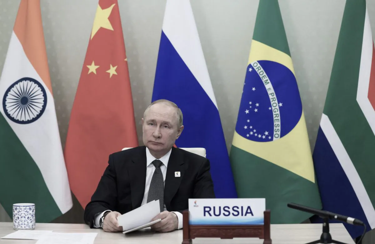 Russian President Vladimir Putin takes part in the XIV BRICS summit in virtual format via a video call, in Moscow, on June 23, 2022. (Mikhail Metzel/Sputnik/AFP via Getty Images)