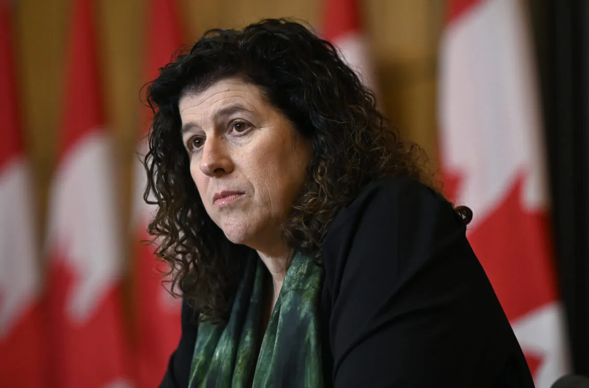 Auditor General of Canada Karen Hogan participates in a news conference, in Ottawa, on March 27, 2023. (Justin Tang/The Canadian Press)