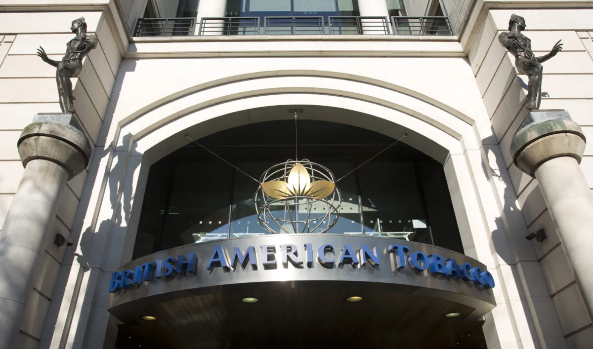 Signage on the front of the headquarters of British American Tobacco at Temple Place in central London on Jan. 17, 2017. (Isabel Infantes/AFP via Getty Images)