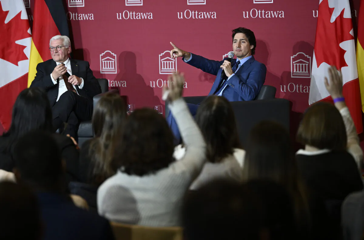 Prime Minister Justin Trudeau takes questions from students during a discussion with President of the Federal Republic of Germany Frank-Walter Steinmeier at the University of Ottawa on April 24, 2023. (Justin Tang/The Canadian Press)
