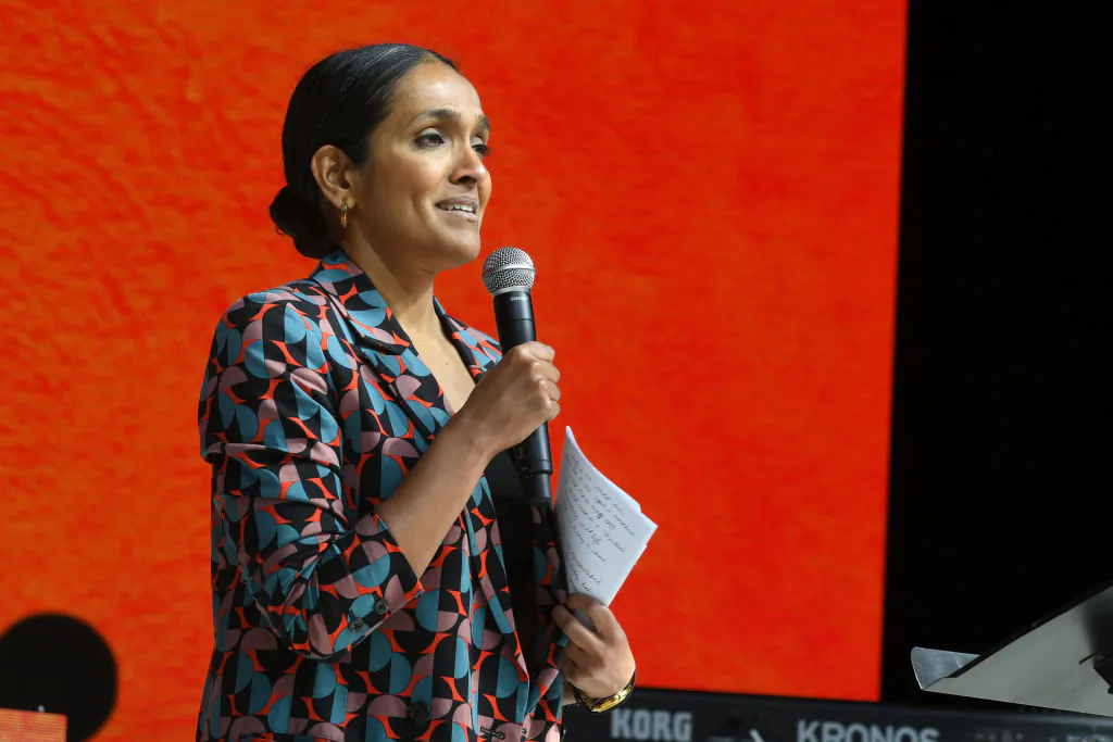 Nithya Raman speaks onstage during Celebration Of Life For Beloved Mountain Lion, P-22 at The Greek Theatre in Los Angeles on Feb. 4, 2023. (JC Olivera/Getty Images for the National Wildlife Federation)