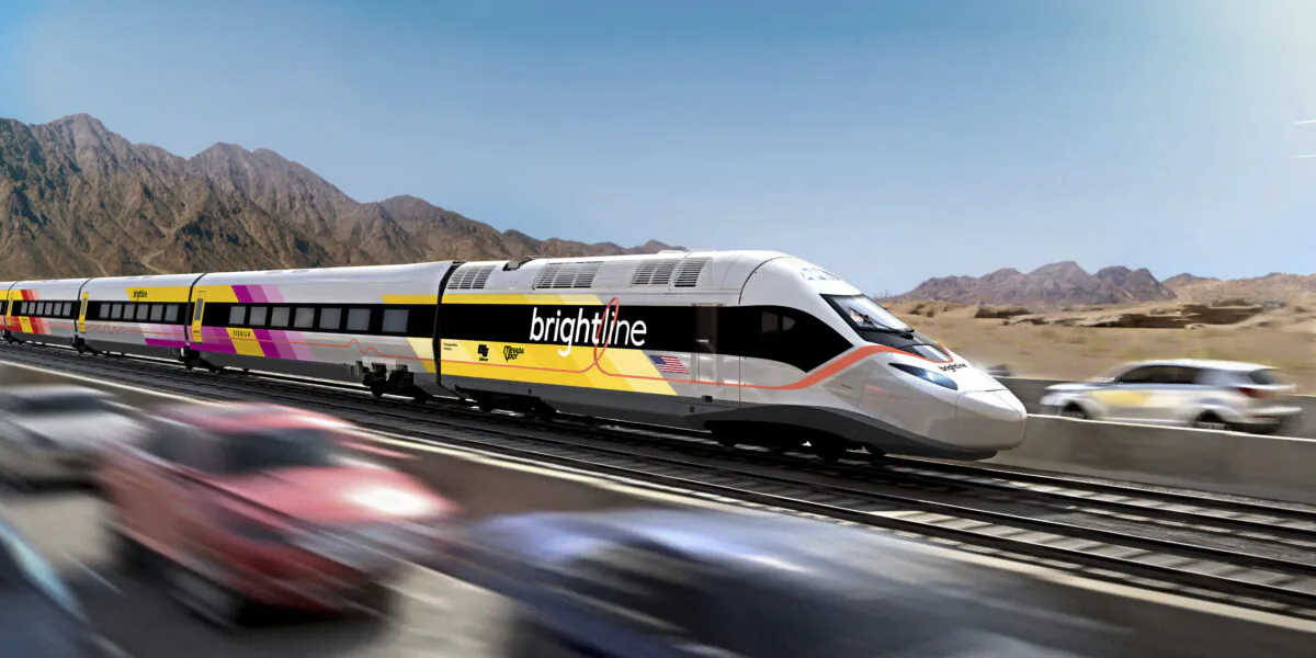 This undated illustration provided by Brightline West shows an illustration of the Brightline West High Speed Rail project train from Las Vegas to Rancho Cucamonga, Calif. (Brightline West via AP)