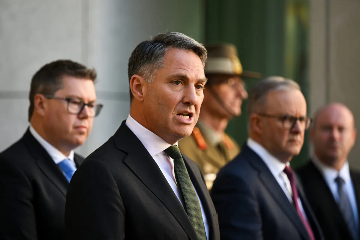 Australian Deputy Prime Minister and Defence Minister Richard Marles speaks to the media during a press conference after the release of the Defence Strategic Review at Parliament House in Canberra, Australia, on April 24, 2023. (AAP Image/Lukas Coch)