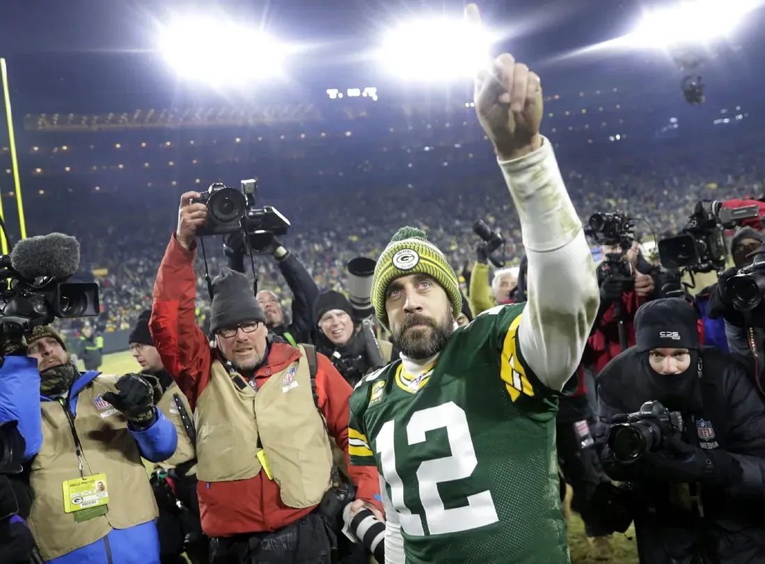 Green Bay Packers quarterback Aaron Rodgers (12) leaves the field following the Packers' victory over the Seattle Seahawks during their NFC divisional round playoff football game at Lambeau Field in Green Bay, Wis., on Jan. 12, 2020. (William Glasheen/USA TODAY NETWORK-Wisconsin via Field Level Media)