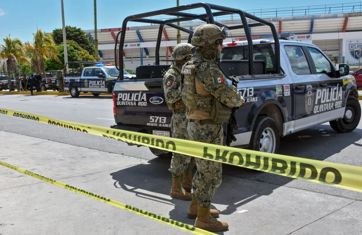 Members of the Mexican Navy and policemen in Cancun, Quintana Roo state, Mexico, on July 3, 2019. (Elizabeth Ruiz/AFP via Getty Images)