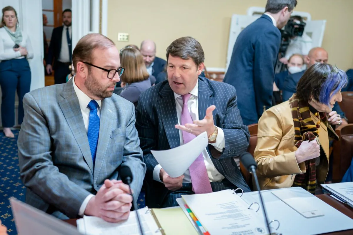 House Ways and Means Committee Chairman Jason Smith, R-Mo., left, and House Budget Committee Chairman Jodey Arrington, R-Texas, confer before the House Rules Committee meets to prepare Speaker Kevin McCarthy's debt ceiling package for the floor, on Capitol Hill in Washington, Tuesday, April 25, 2023. (AP Photo/J. Scott Applewhite)