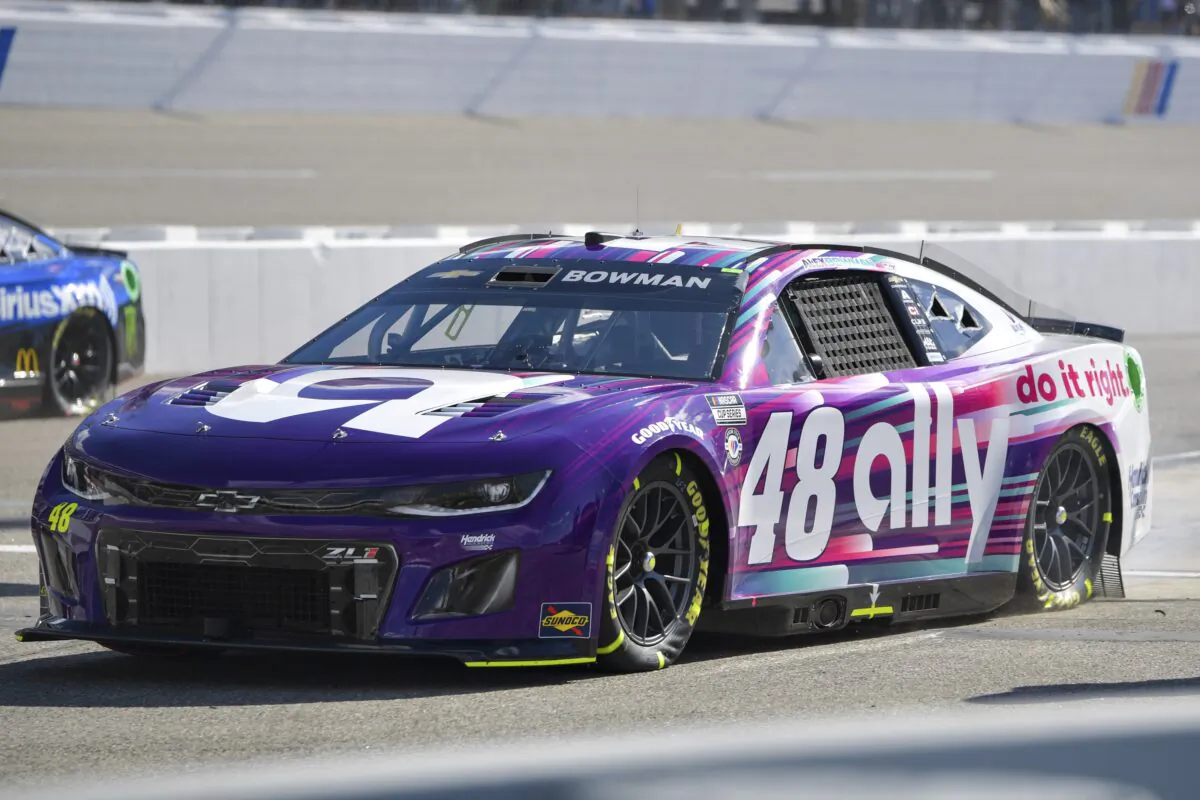 Alex Bowman (48) leaves pit lane during a NASCAR Cup Series auto race at Richmond Raceway in Richmond, Va., on April 2, 2023. (Mike Caudill/AP Photo)
