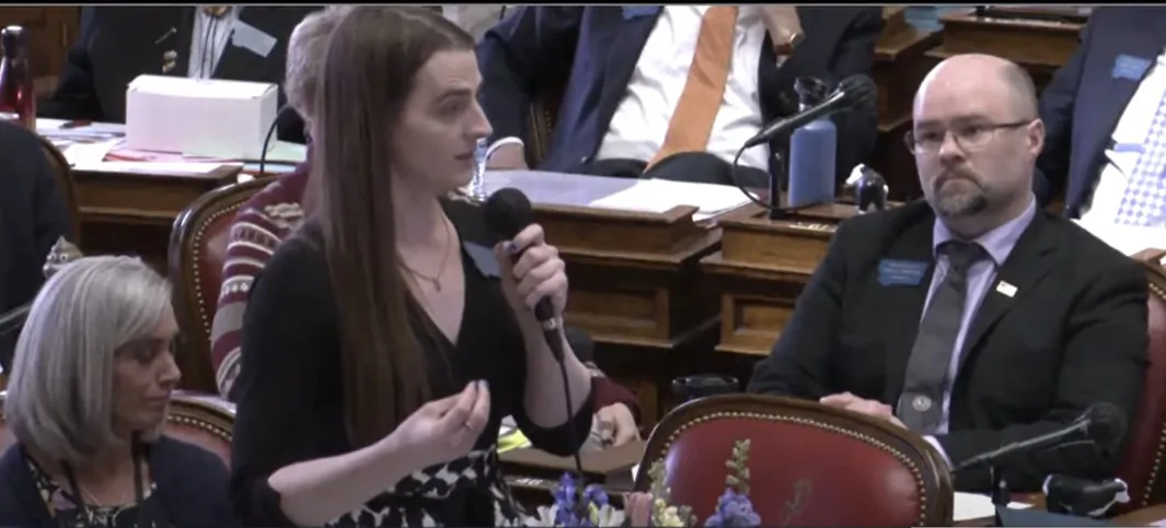 Montana Democrat transgender legislator Zooey Zephyr speaks at a state House legislature session in Helena, Mont., on April 26, 2023. (Montana House Legislature via Reuters/Screenshot via NTD)