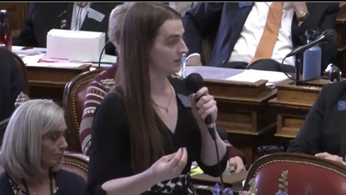 Montana Democrat transgender legislator Zooey Zephyr speaks at a state House Legislature session in Helena, Mont., on April 26, 2023. (Montana House Legislature via Reuters/Screenshot via NTD)