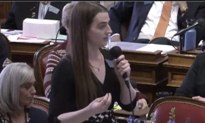 Montana Democrat transgender legislator Zooey Zephyr speaks at a state House Legislature session in Helena, Mont., on April 26, 2023. (Montana House Legislature via Reuters/Screenshot via NTD)