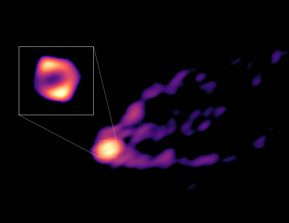 The jet and shadow of the black hole at the center of the M87 galaxy together for the first time. (R.-S. Lu (SHAO), E. Ros (MPIfR), S. Dagnello (NRAO/AUI/NSF/Handout via Reuters)