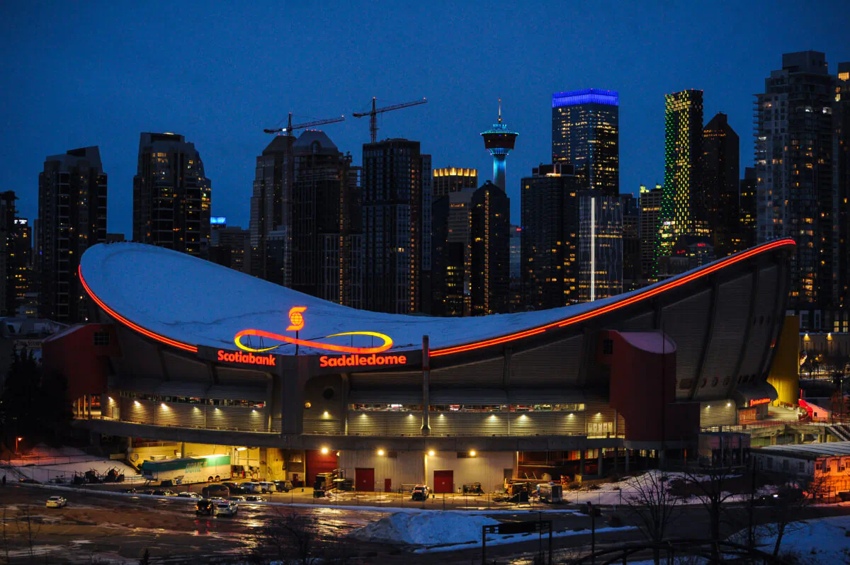 The exterior of the Scotiabank Saddledome prior to an NHL game between the Calgary Flames and the Vancouver Canucks in Calgary, Alberta, on Jan. 16, 2021. (Derek Leung/Getty Images)