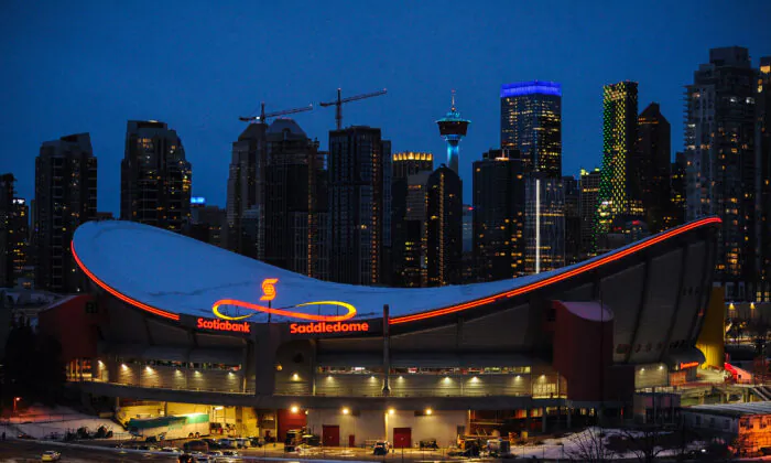 The exterior of the Scotiabank Saddledome prior to an NHL game between the Calgary Flames and the Vancouver Canucks in Calgary, Alberta, on Jan. 16, 2021. (Derek Leung/Getty Images)