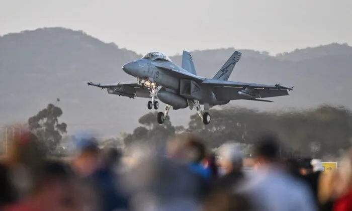 A Royal Australian Air Force F-18 jet fighter lands after an aerial display during the Australian International Airshow Aerospace and Defence Expo at Avalon Airport in Geelong on March 3, 2023. (Paul Crock/AFP via Getty Images)