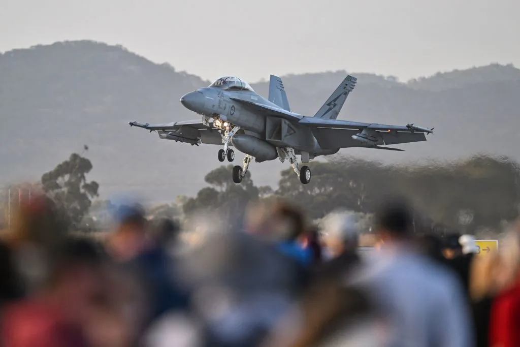A Royal Australian Air Force F-18 jet fighter lands after an aerial display during the Australian International Airshow Aerospace and Defence Expo at Avalon Airport in Geelong on March 3, 2023. (Paul Crock/AFP via Getty Images)