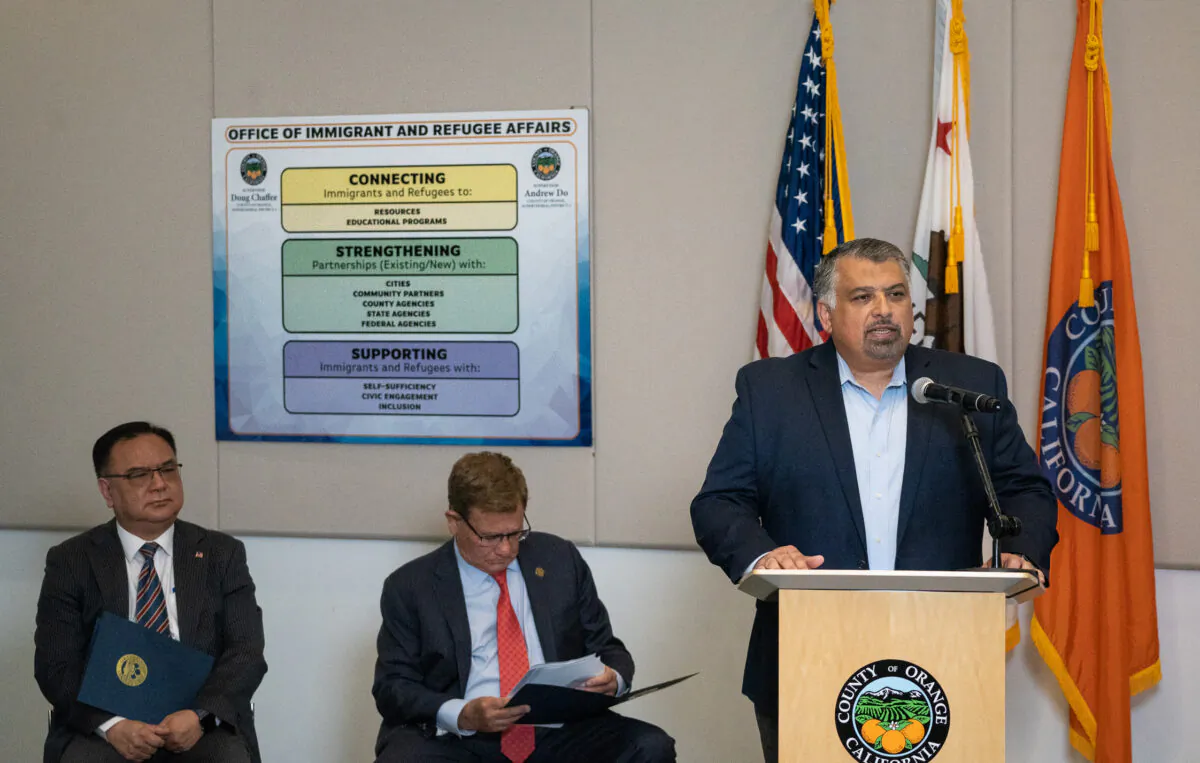 Apolonio Morales of CHIRLA speaks in Santa Ana, Calif., on April 26, 2023. (John Fredricks/The Epoch Times)