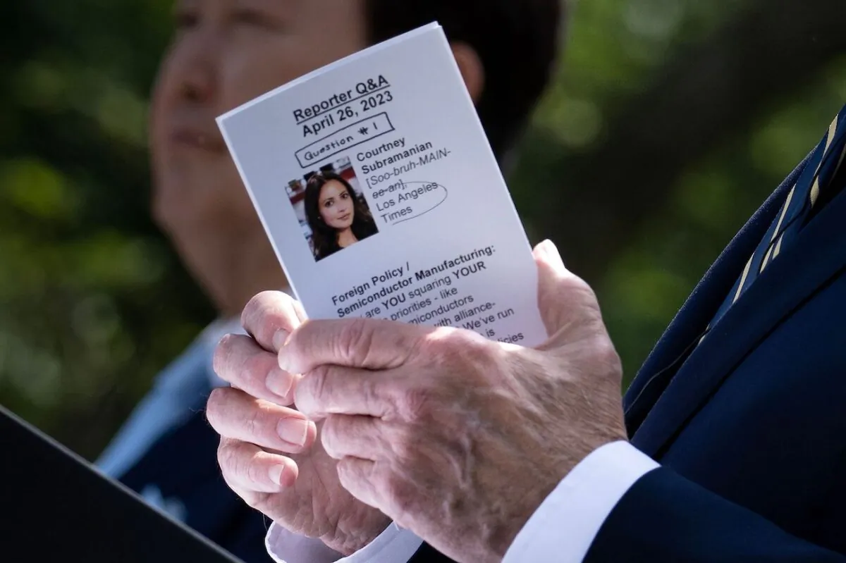President Joe Biden holds his notes while answering a question during a press conference in the Rose Garden of the White House after a meeting with South Korea's President Yoon Suk Yeol, in Washington, on April 26, 2023. (Brendan Smialowski/AFP via Getty Images)
