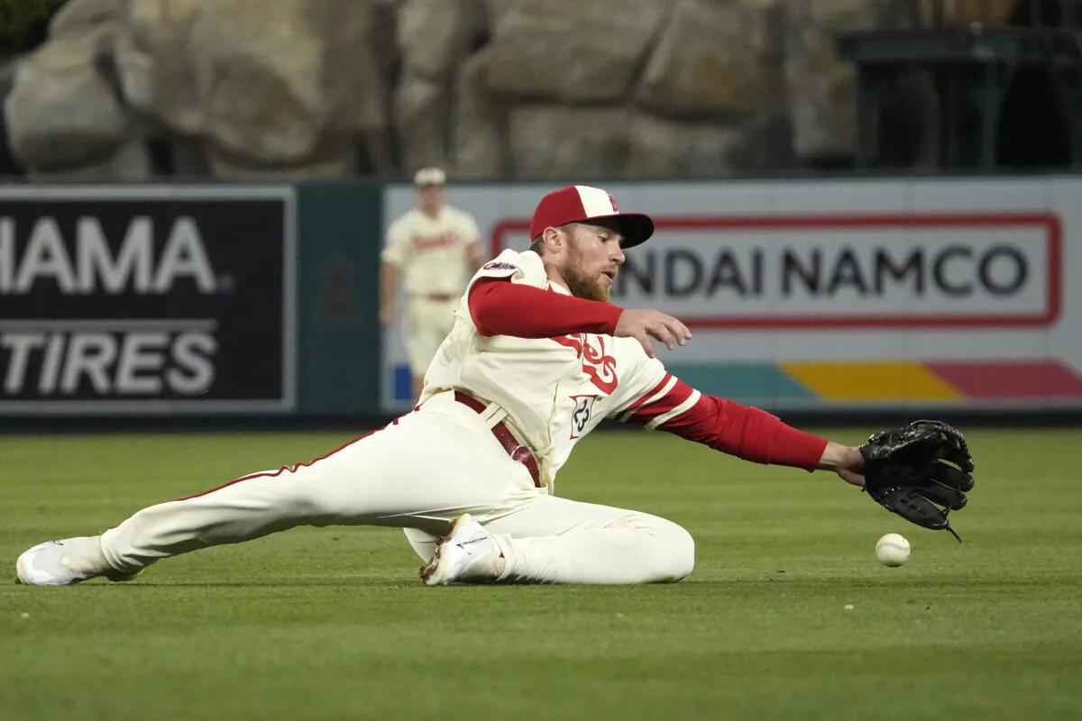Los Angeles Angels second baseman Brandon Drury makes stop on a ball hit for a single by Oakland Athletics' Esteury Ruiz during the fifth inning of a baseball game in Anaheim, Calif., on April 26, 2023 (Mark J. Terrill/AP Photo)