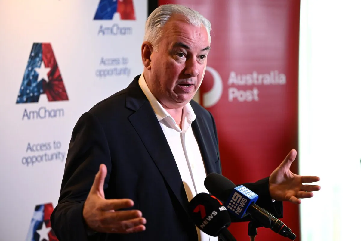 Australia post CEO Paul Graham speaks to media during a press conference in Melbourne, Australia, on April 27, 2023. (AAP Image/Joel Carrett) 